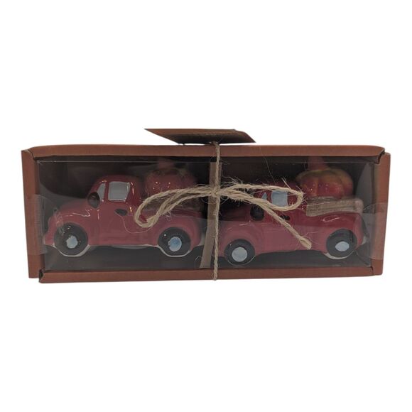 Fall Farmhouse Red Truck Pumpkin Salt & Pepper Shaker Set Ceramic Autumn Decor - Picture 3 of 5